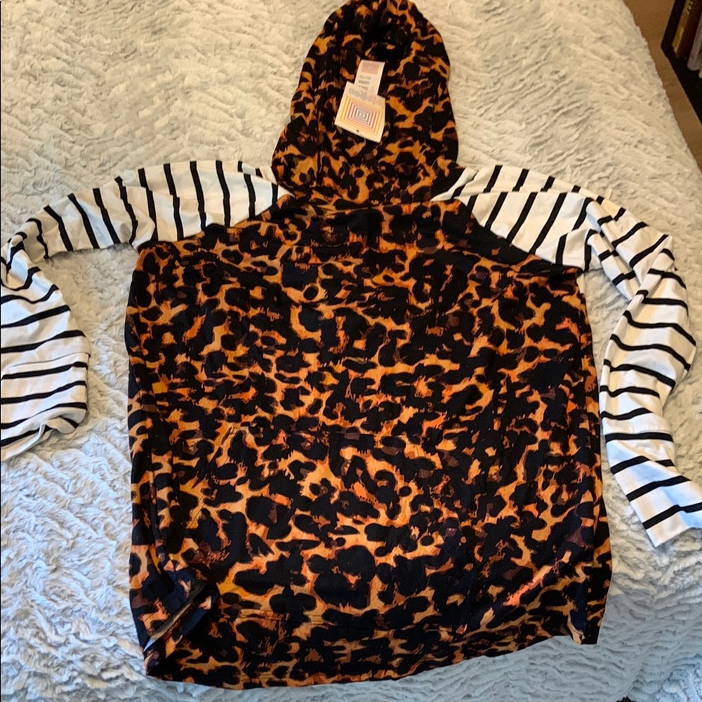 LuLaRoe Unicorn Amber Leopard Print Hoodie with Striped Sleeves large NWT